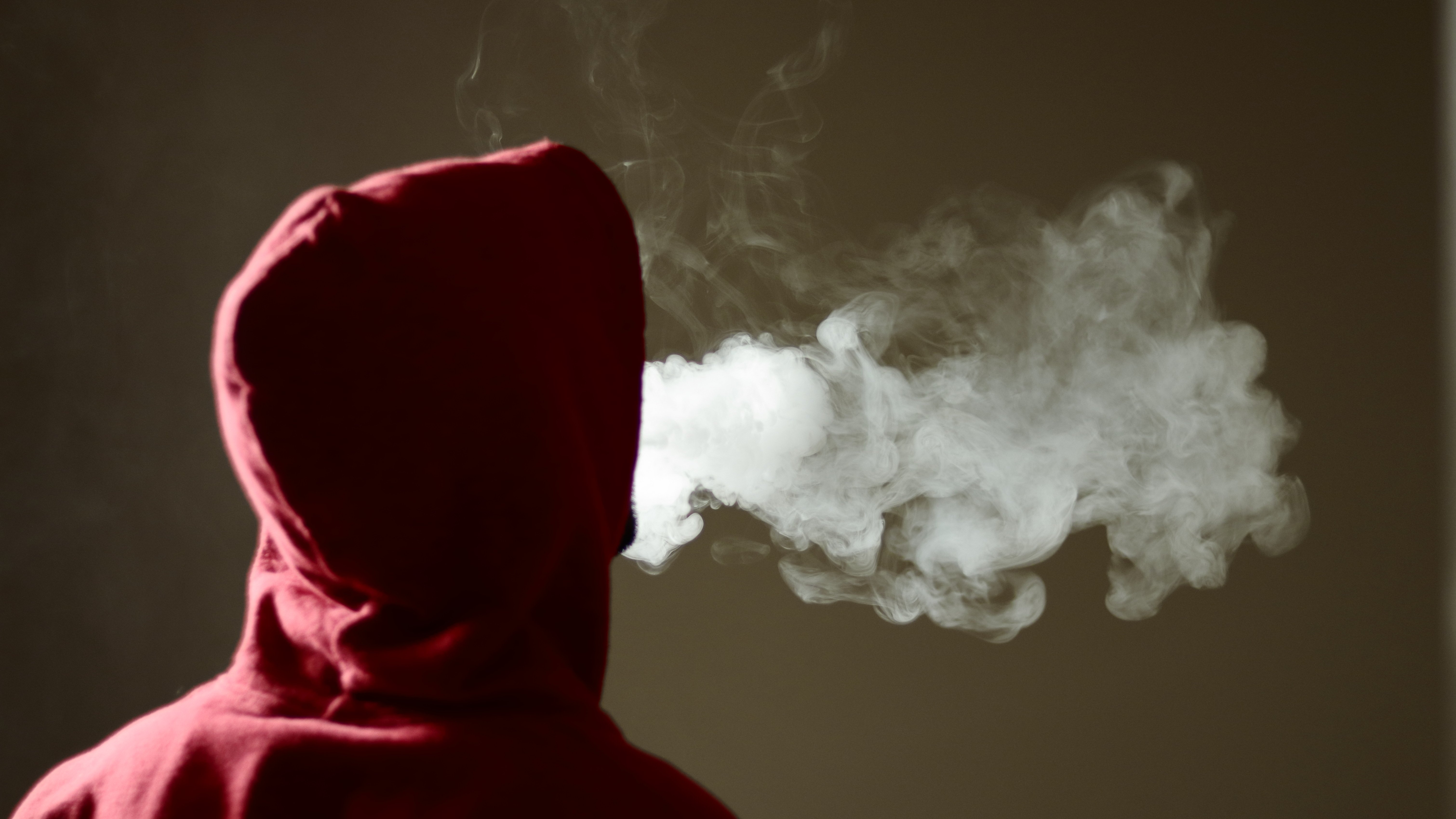 the back of a persons head wearing a red hooded sweatshirt and blowing smoke 